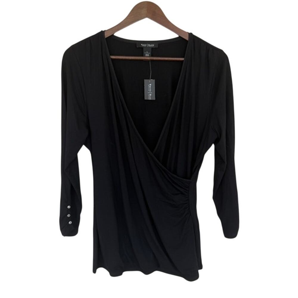 White House Black Market Solid Black Faux Wrap Blouse - Large - NWT